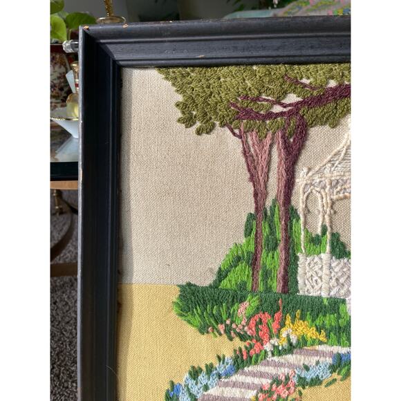 Vtg Framed Crewel Embroidery Springtime Gazebo Needlepoint Floral Grandmacore - Picture 10 of 16